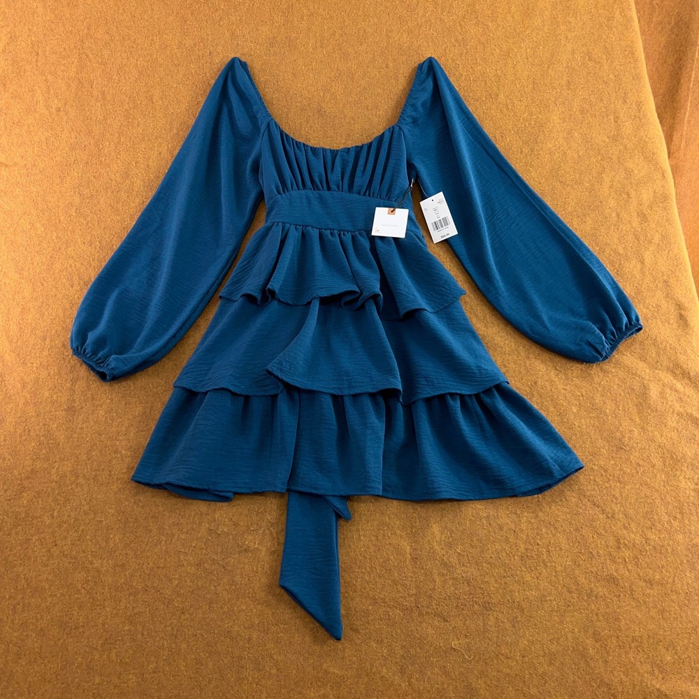 Originality Womens XS Teal Tiered Ruffle Balloon Sleeve Mini Dress NWT